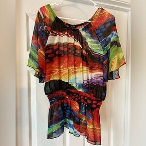 Kaktus Top Womens XL Orange Colorful Print Short Sleeve Sh…